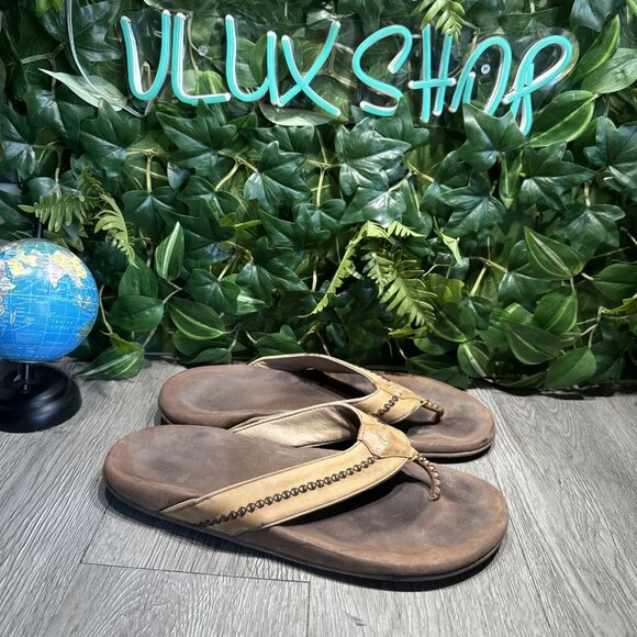 OLUKAI Men\'s Mea Ola Tan Brown Leather Flip Flop Sandals Sz 12 main image 10